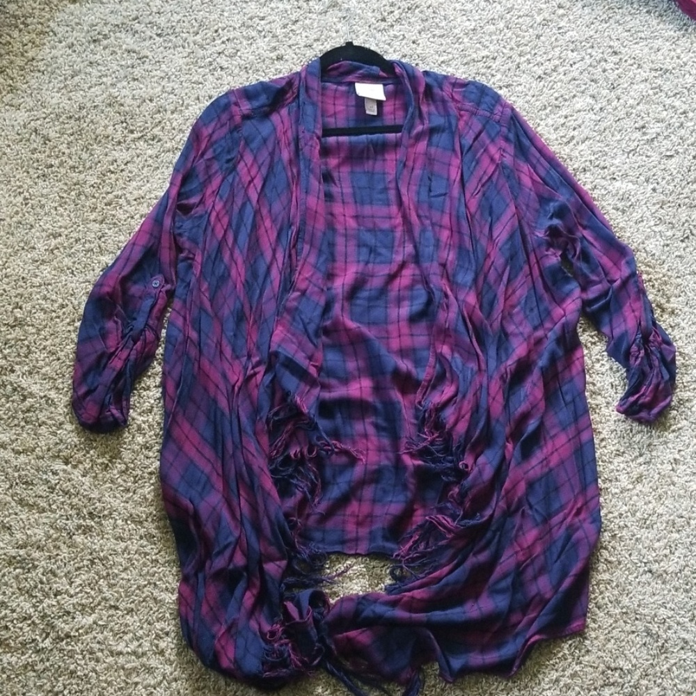 Blue & Purple Fringe Plaid Shirt